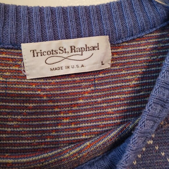 Tricots St. Raphael Large Mens Sweater 100% Cotton Periwinkle Blue Diamond Print - Picture 4 of 5